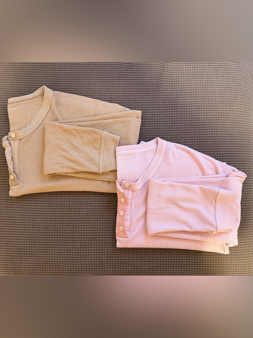 American Eagle Outfitters Pink and Tan Waffle-Knit Button Long Sleeves 2-pack